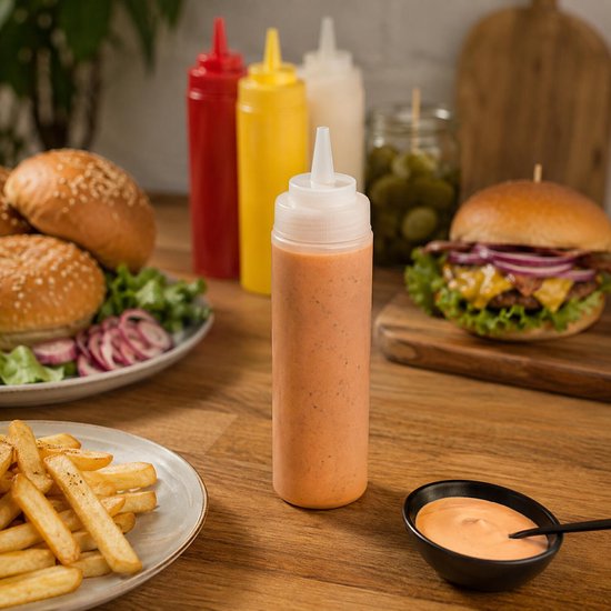 Oranje sausfles met transparante dop, naast een hamburger, frietjes en broodjes. Op de achtergrond rode, gele en witte sausflessen.