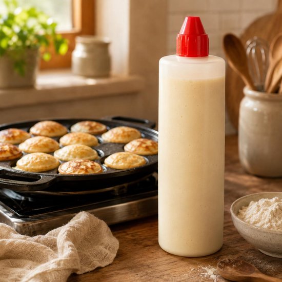 Kleine goudbruine pannenkoekjes bakken in een pan, naast een transparante doseerfles.