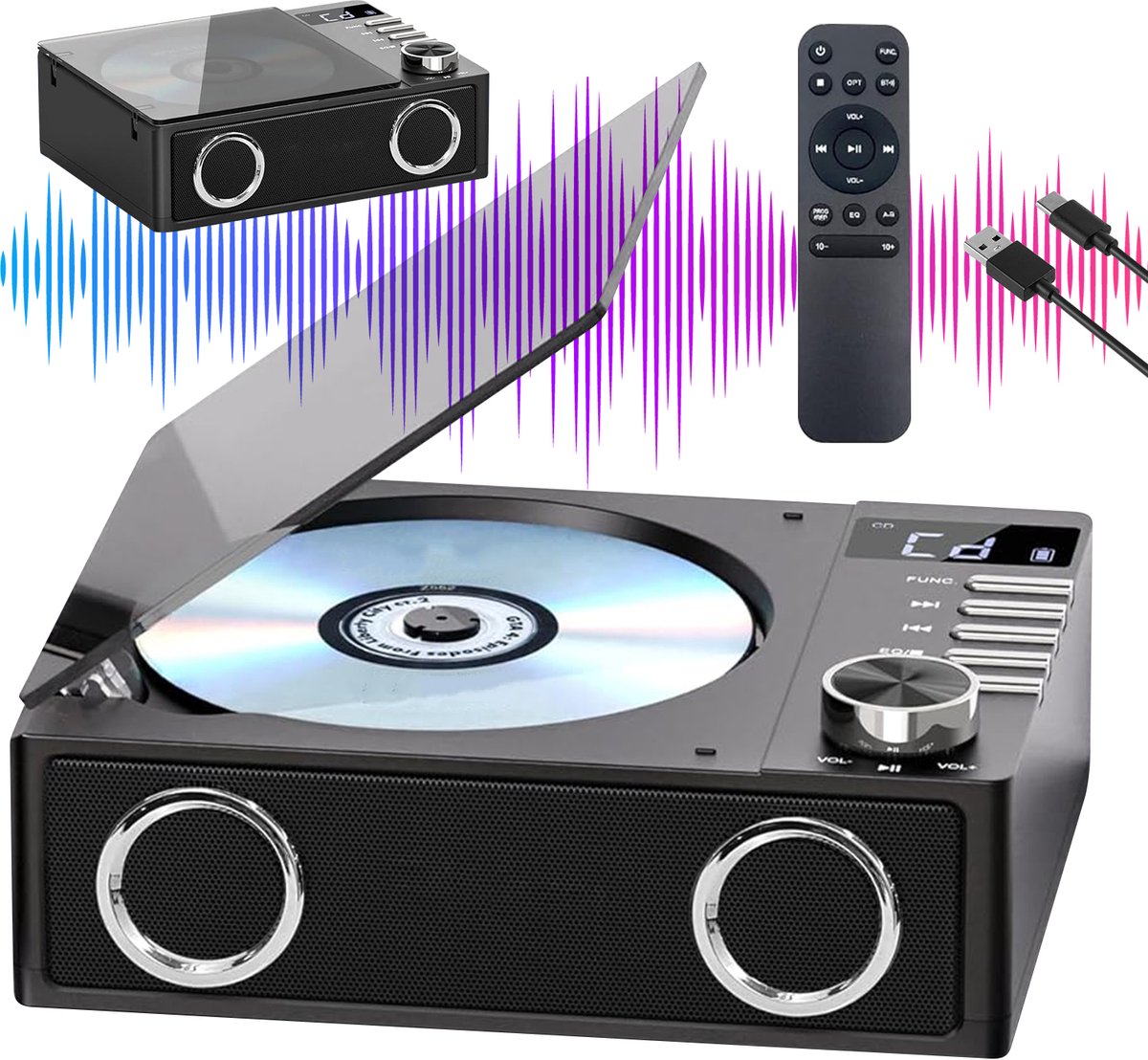 Bluetooth CD-Speler - Draagbare CD-Speler - Oplaadbaar 4000mAh - Bluetooth 5.3 TX/RX - USB & TF-Kaart - AUX & Optische Uitgang - Ingebouwde Speaker - Zwart