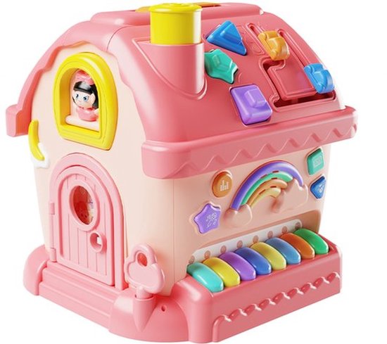 Gedetailleerd roze activiteitenhuisje met regenboog, pianotoetsen, vormensorteerder en een raampje met een figuurtje.