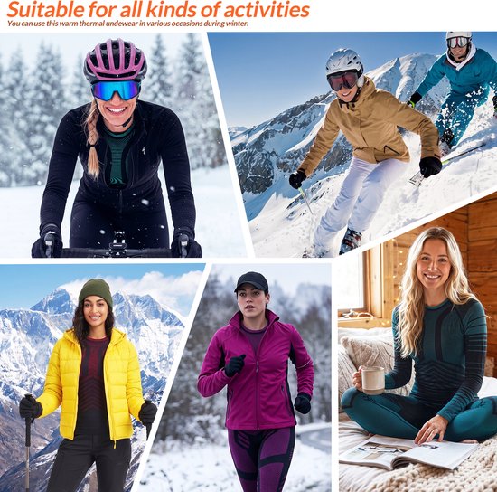 Collage van mensen die thermisch ondergoed dragen tijdens diverse winteractiviteiten: fietsen, skiën, wandelen en joggen.