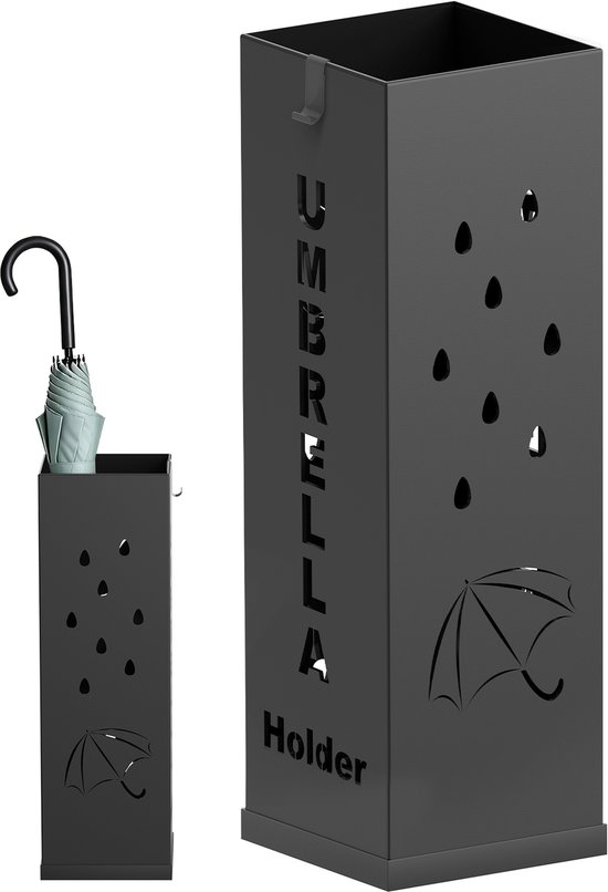 Zwarte metalen paraplubak met druppeluitsparingen en een paraplu-logo. Een kleine paraplubak ernaast.