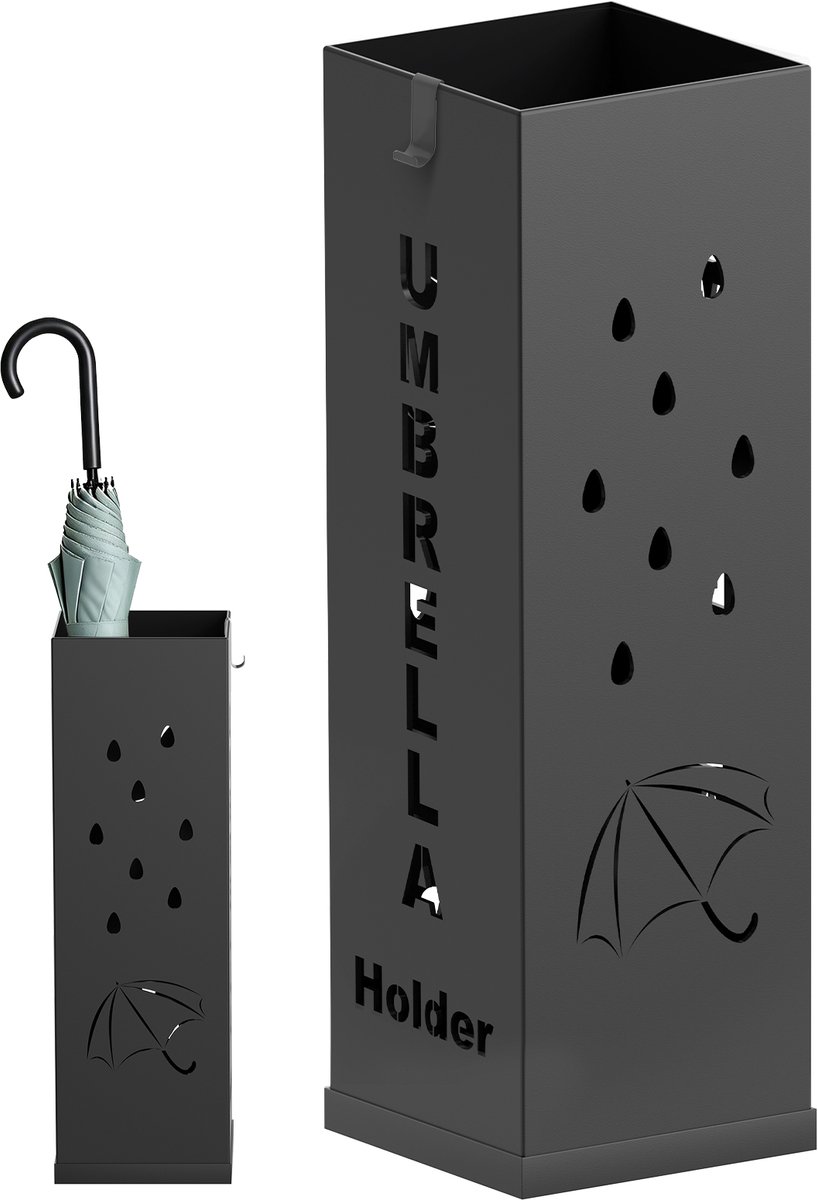 Soontrans - Paraplubak Vierkant Metaal - Parapluhouder Met Uitneembare Lekbak - Paraplustandaard 16x16x49 cm - Paraplubakhouder Zwart