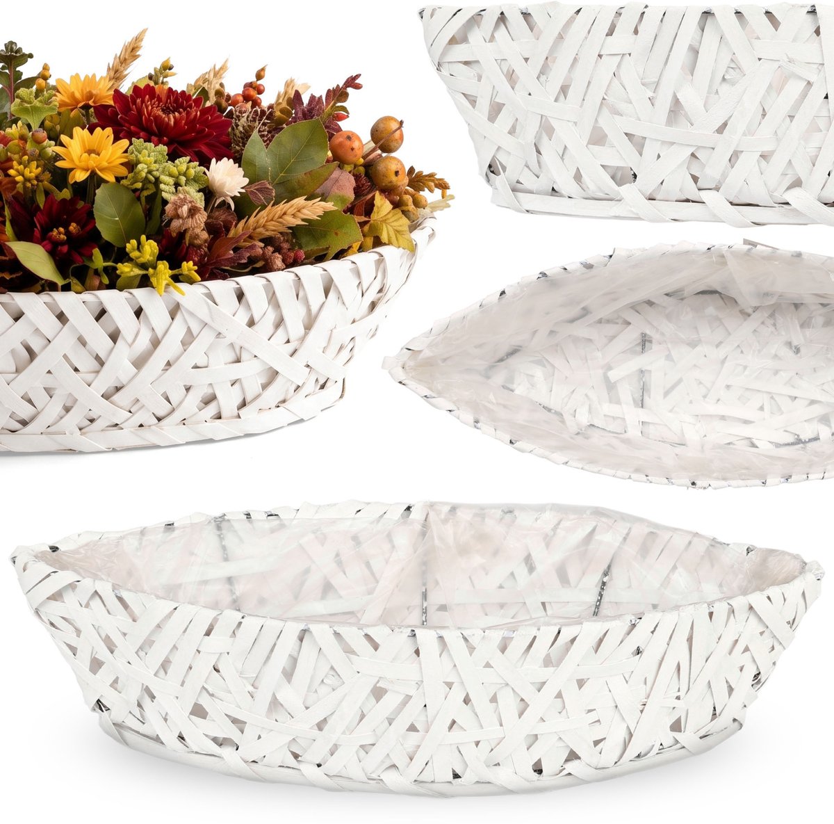Witte, HOUTEN hoes, GEVLOCHTEN bootvormige bloempot voor planten 51x19x13 cm