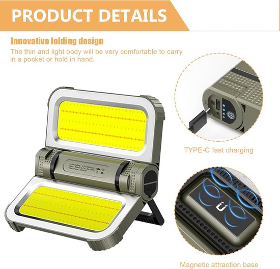 Campinglamp met 5000mAh accu - 2000LM, 5 modi, campinglamp op zonne-energie en USB-oplaadbaar, draagbaar, IPX4 waterdicht, campinglicht met haak en magneet voor tent, noodgeval, reizen, donkergroen [Energieklasse F] — afbeelding 4