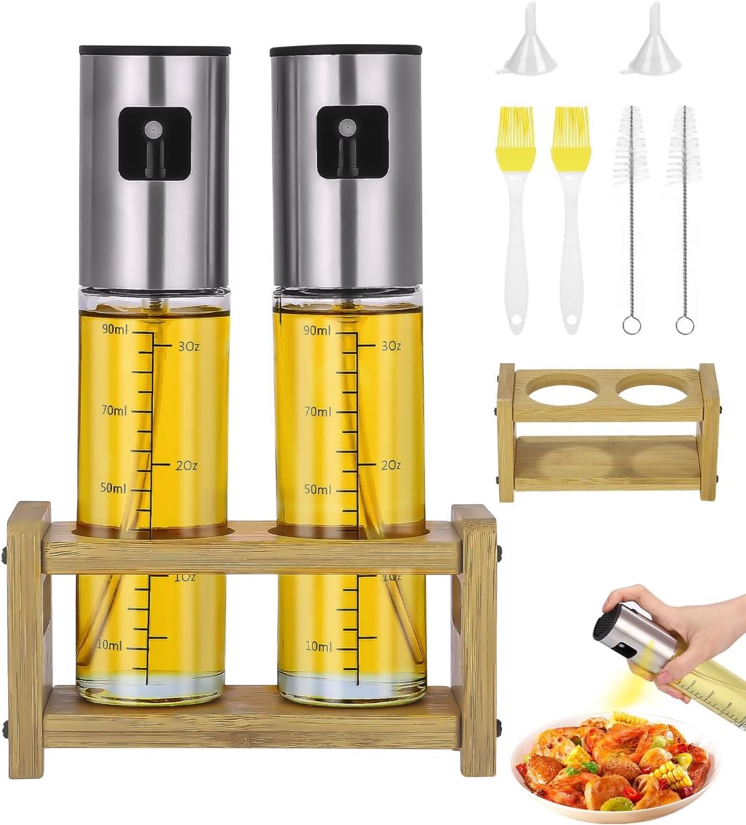 2 olie-azijn spuitflessen 100 ml – met houder, kwast en trechter,een ideale keukenhulp voor koken, bakken, salades maken en grillen
