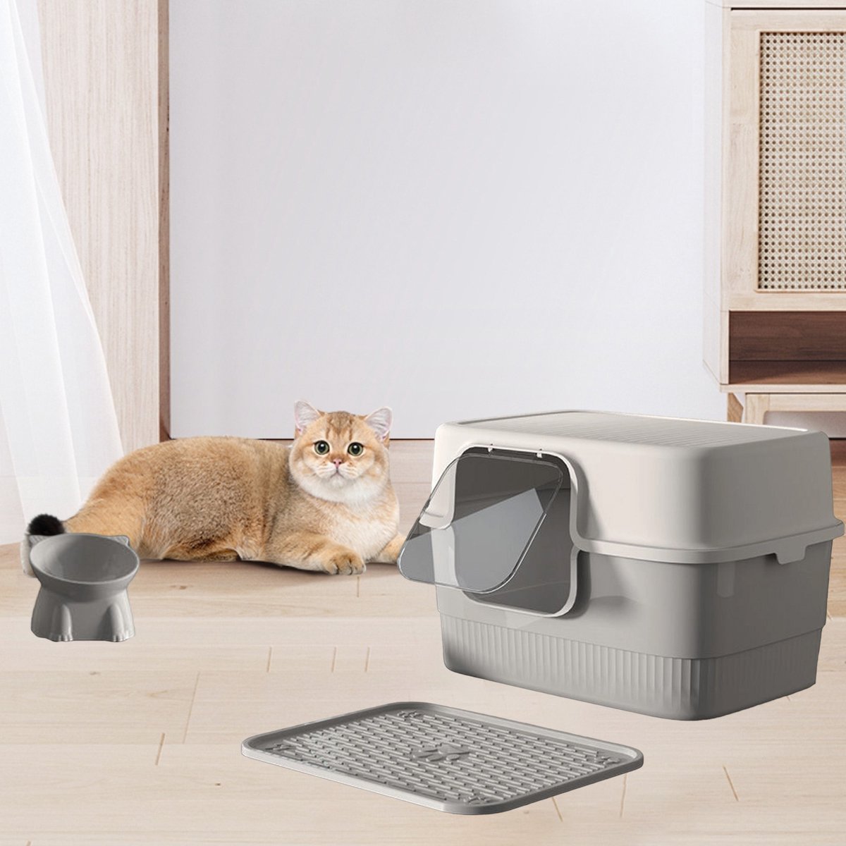 REDOM Kattenbak 52 x 38 x 35 cm – Katten Toilet met Deksel en Grote Klep – Gesloten Kattenbak 2-in-1, Gemakkelijk Schoon te Maken – PP – Wit/Grijs