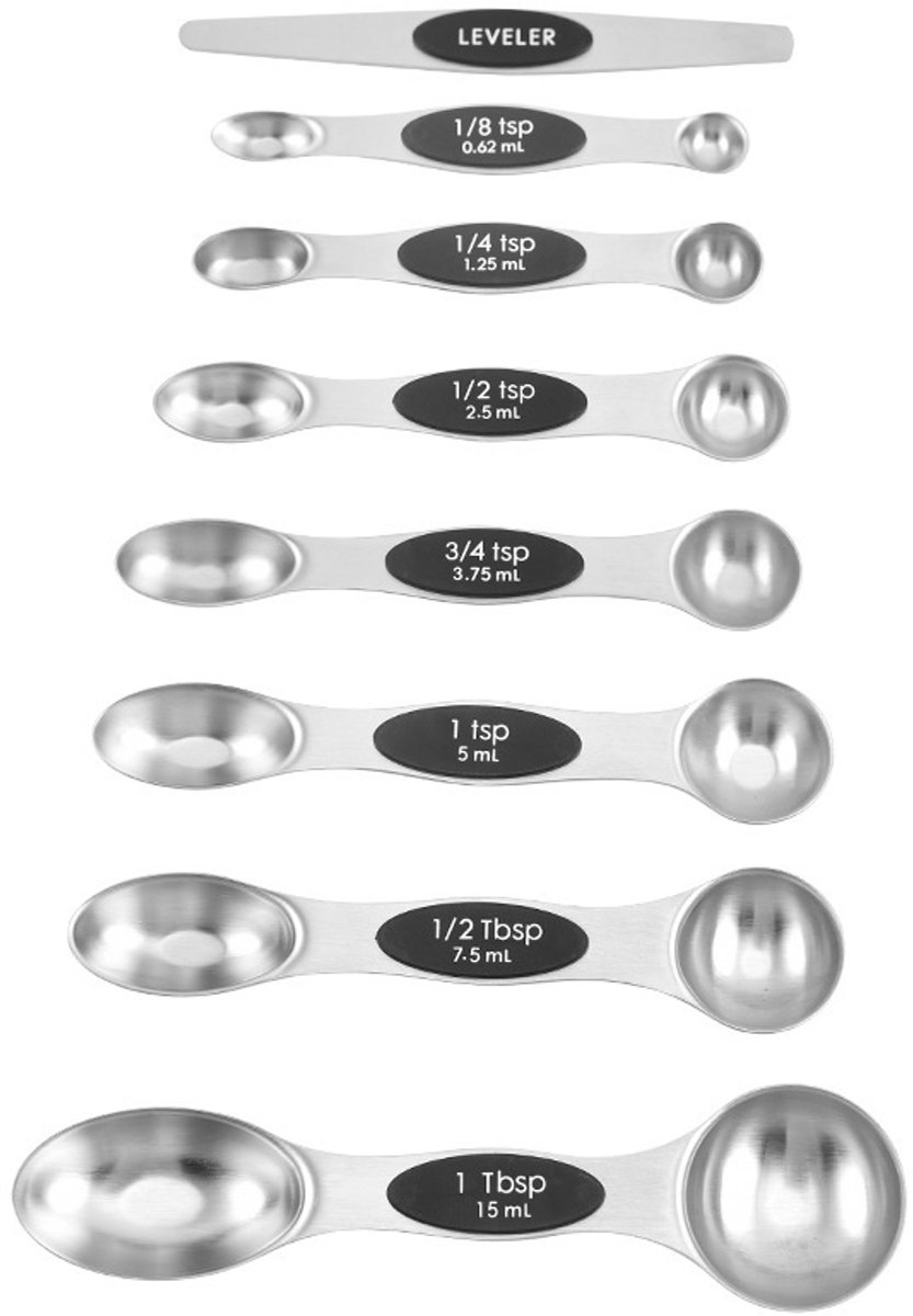 Roestvrijstalen maatlepel- magnetisch- dubbelzijdig 8-delige set-voedselveilig-voor thuisbakken