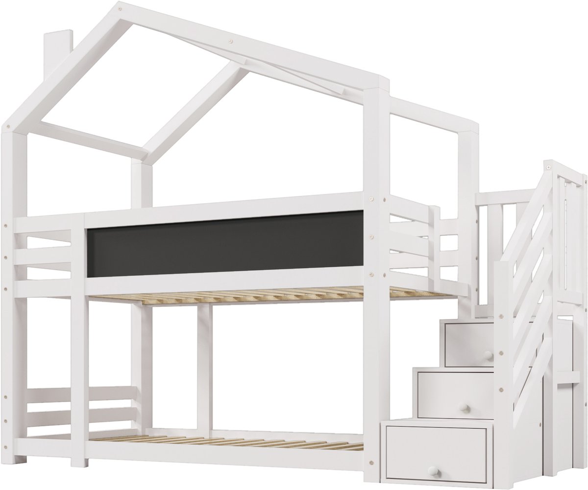 MUVANO Boomhut stapelbed 90x200 - Kinderbed met dak - Geïntegreerd krijtbord - 90x200 cm - Met opbergruimte - Voor kinderkamer Wit