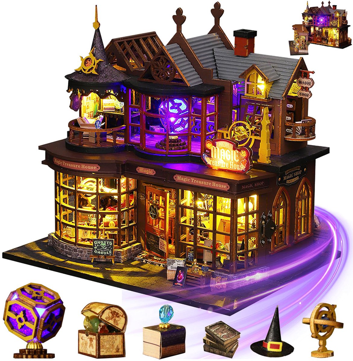 Miniatuur Huisje - Magisch Fantasy Huis - DIY Houten Modelbouw - Met LED Verlichting - Creatieve Bouwset - Ontspannende Hobby - Voor Thuisdecoratie en Cadeau