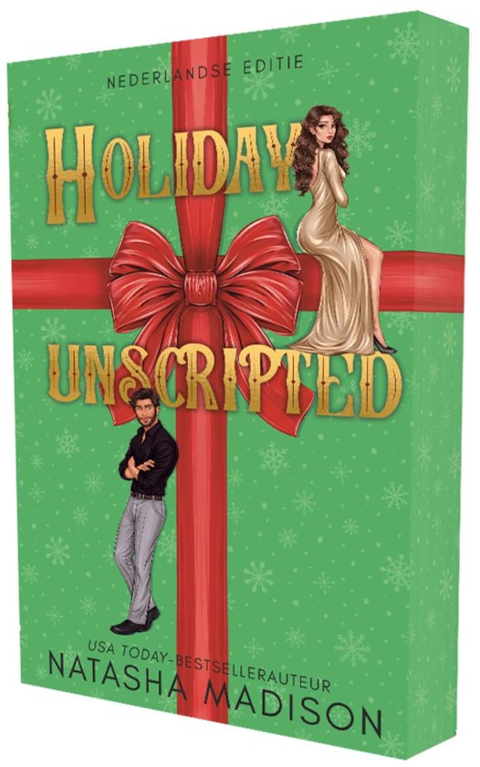 Nederlandse editie "Holiday Unscripted" met rode strik en een vrouw in gouden jurk en een man in grijs pak.