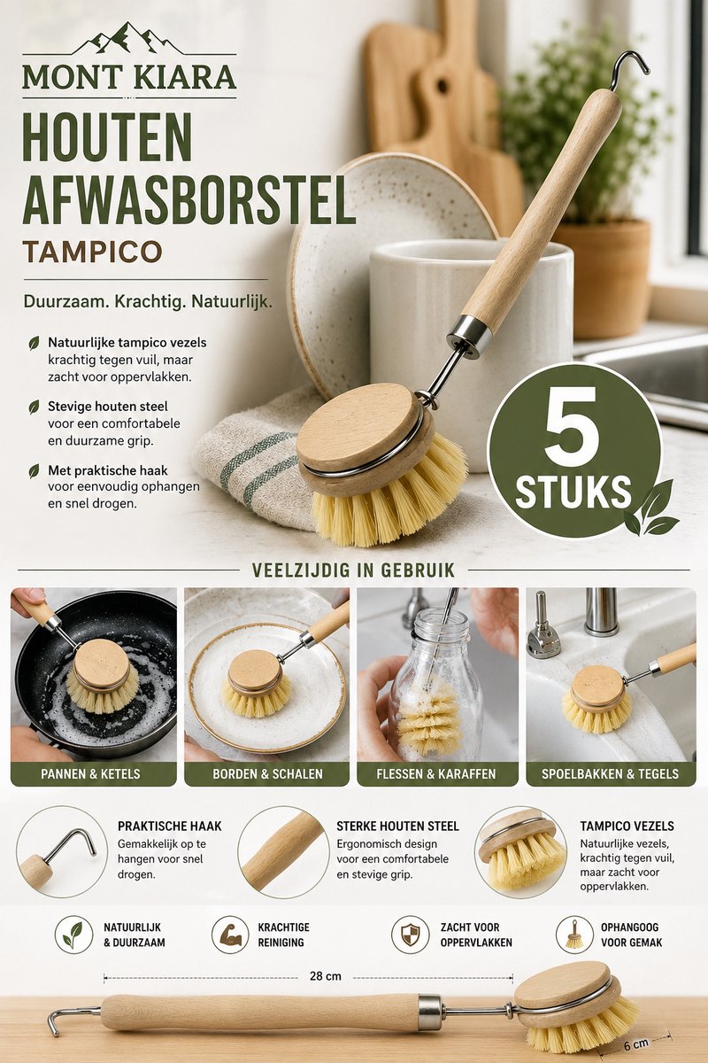 Mont Kiara Premium Afwasborstel Hout Tampico – 5 Stuks – Houten Afwasborstels met Natuurlijke Tampico Vezels – Stevige Afwasborstel voor Pannen, Borden & Keuken