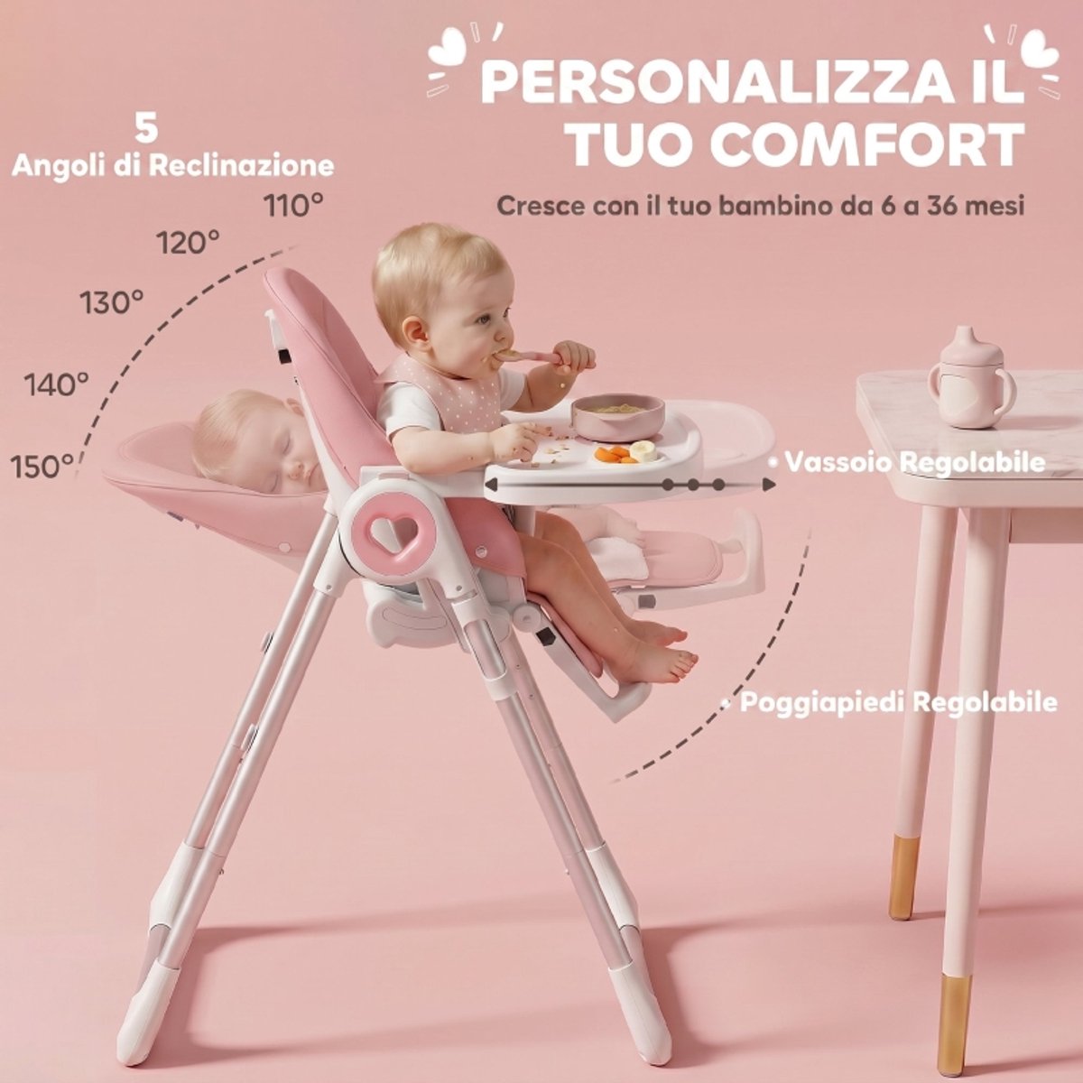 Hoge kruk - babystoel - babyvoedingsstoel - eetstoel - opvouwbare stoel - met dienblad - gemakkelijk schoon te maken - met voetensteun - in hoogte verstelbaar - woonaccessoires - geschikt voor baby’s van 6-36 maanden (roze, 75*55 cm) – foto 4