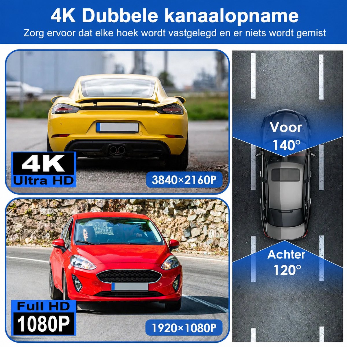 Digisand Dashcam Voor Auto - 128G 4K 2160P Ultra HD - Voor & Achter ultracompacte autocamera- Wifi & GPS - Nachtzicht - G-Sensor - Met Parkeerbewaking - Met App