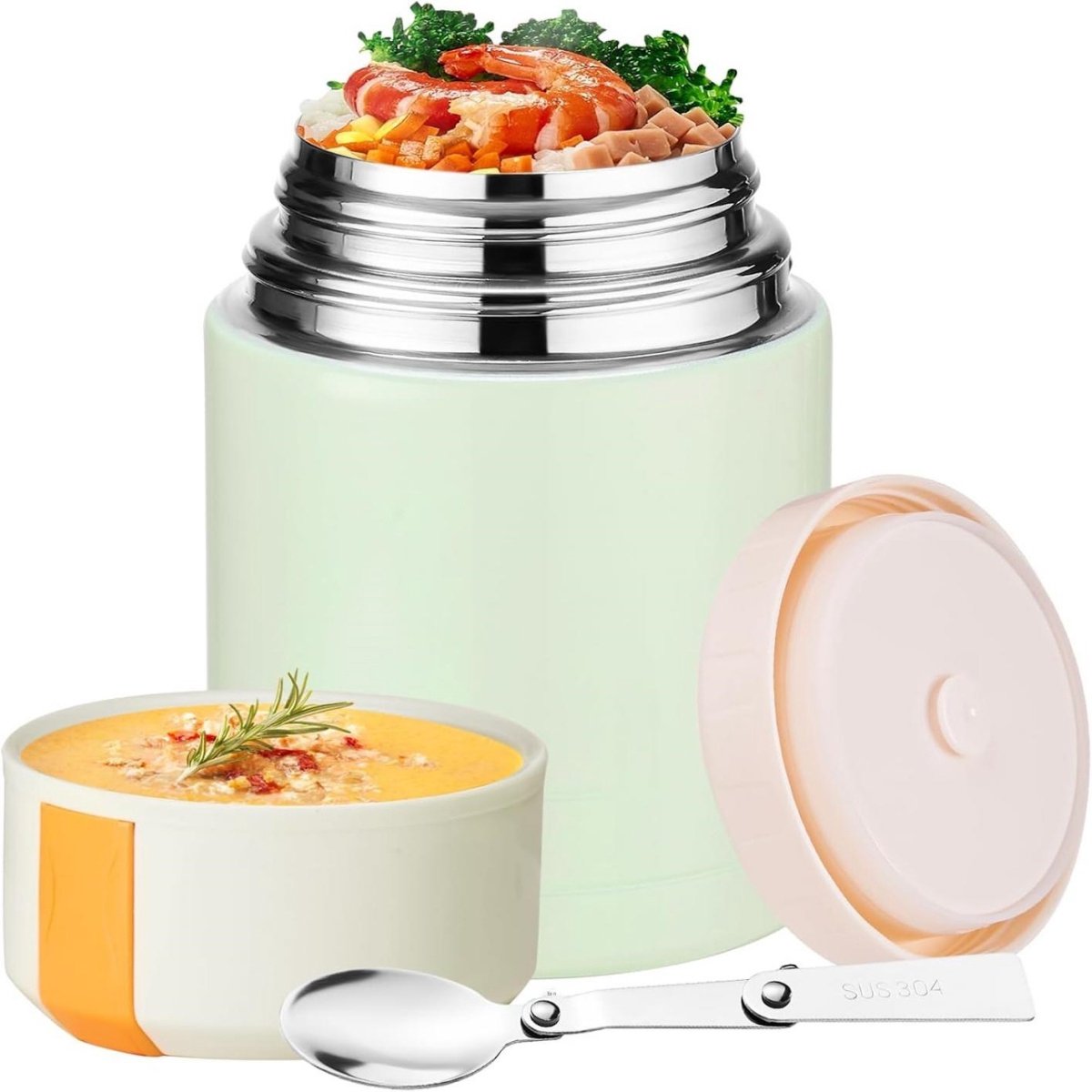 SSTRWGOOD Geïsoleerde voedselcontainer - 800 ml - Vacuümgeïsoleerde houder van 316-roestvrij staal - Draagbare thermische lunchbox met brede opening - Geïsoleerde voedselbak - Inclusief lepel - Groen