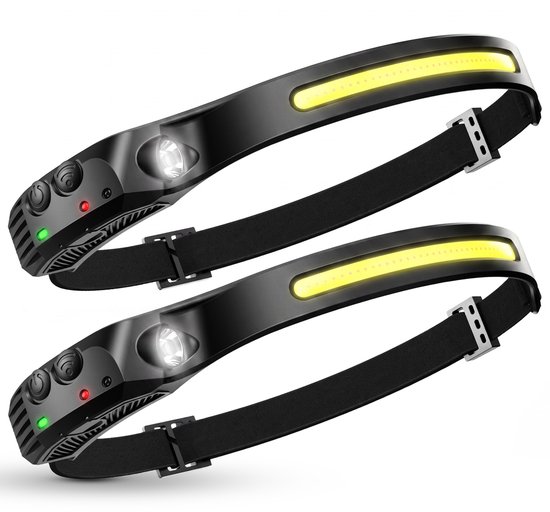 Twee zwarte hoofdlampen met een brede LED-strip, een extra lampje en rode en groene indicatielampjes. Verstelbare band.