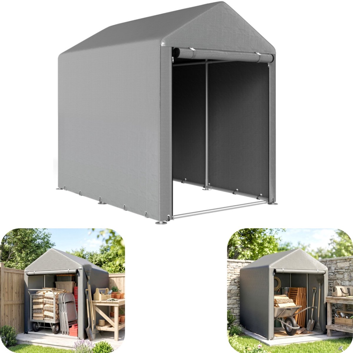 Tuinhuis - Tijdelijk schuilhuis - - Gereedschapsopslag - Tuingereedschapshuisje - Regenbestendig - Met rit deur - Grote ruimte - Stevig - Tuinaccessoires - Geschikt voor tuin, kamperen, avontuur (grijs, 179*120cm)
