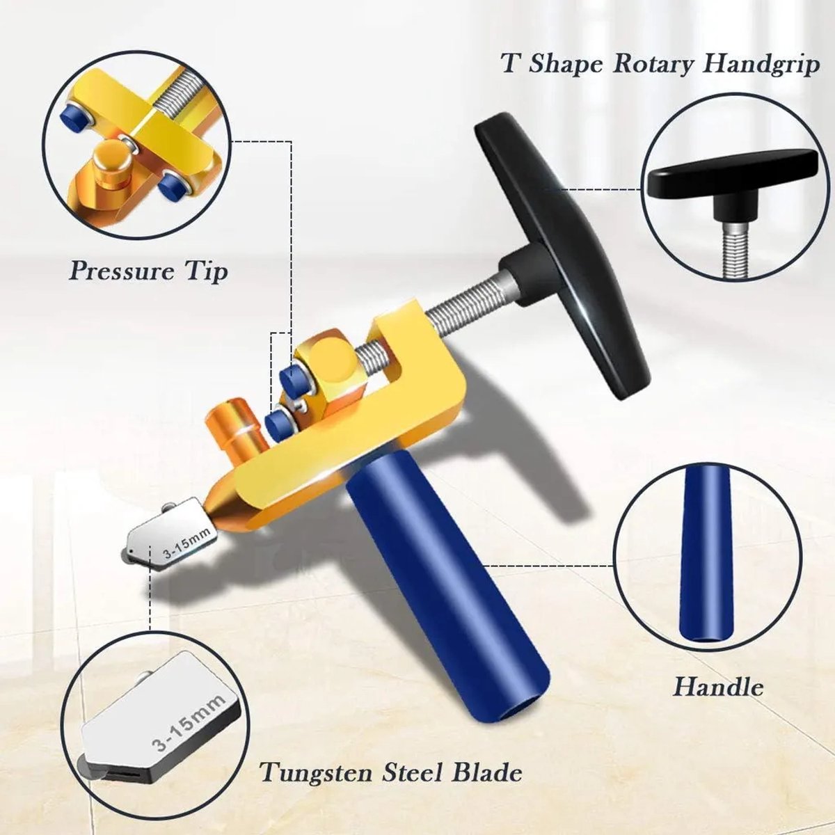 2-in-1 glassnijset, 3-15 mm, Geschikt voor het snijden van glas/spiegels/gekleurd glas, inclusief 2 extra mesjes, 4 duwmesjes en een schroevendraaier.