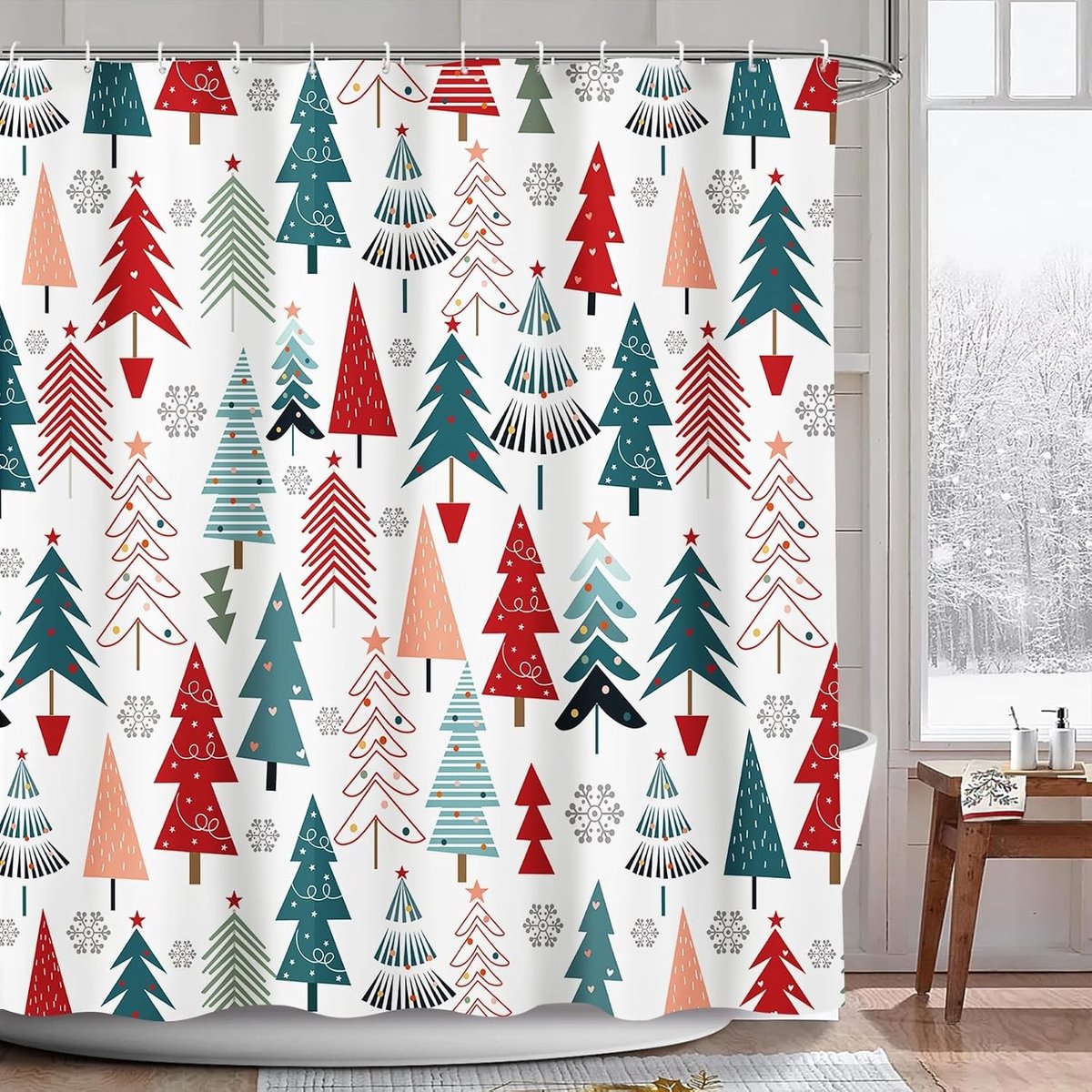Kerstdouchegordijn met kerstboom, sneeuwvlokken en rode sterren - Waterdicht badtextiel voor feestelijke badkamerdecoratie 180x180cm