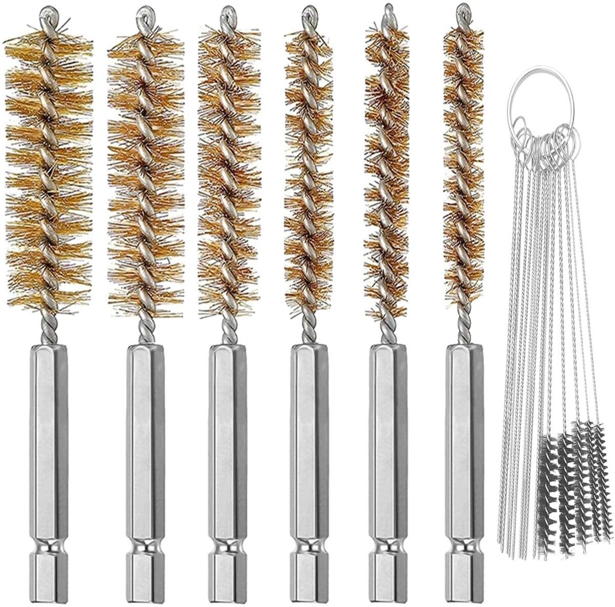 Set van 6 Messing Boorborstels in Diverse Maten + 15 Nylon Reinigingsnaalden, Draadborstel met 6.35 mm Handgreep, Boorset voor Efficiënte Reiniging en Onderhoud van Gereedschap