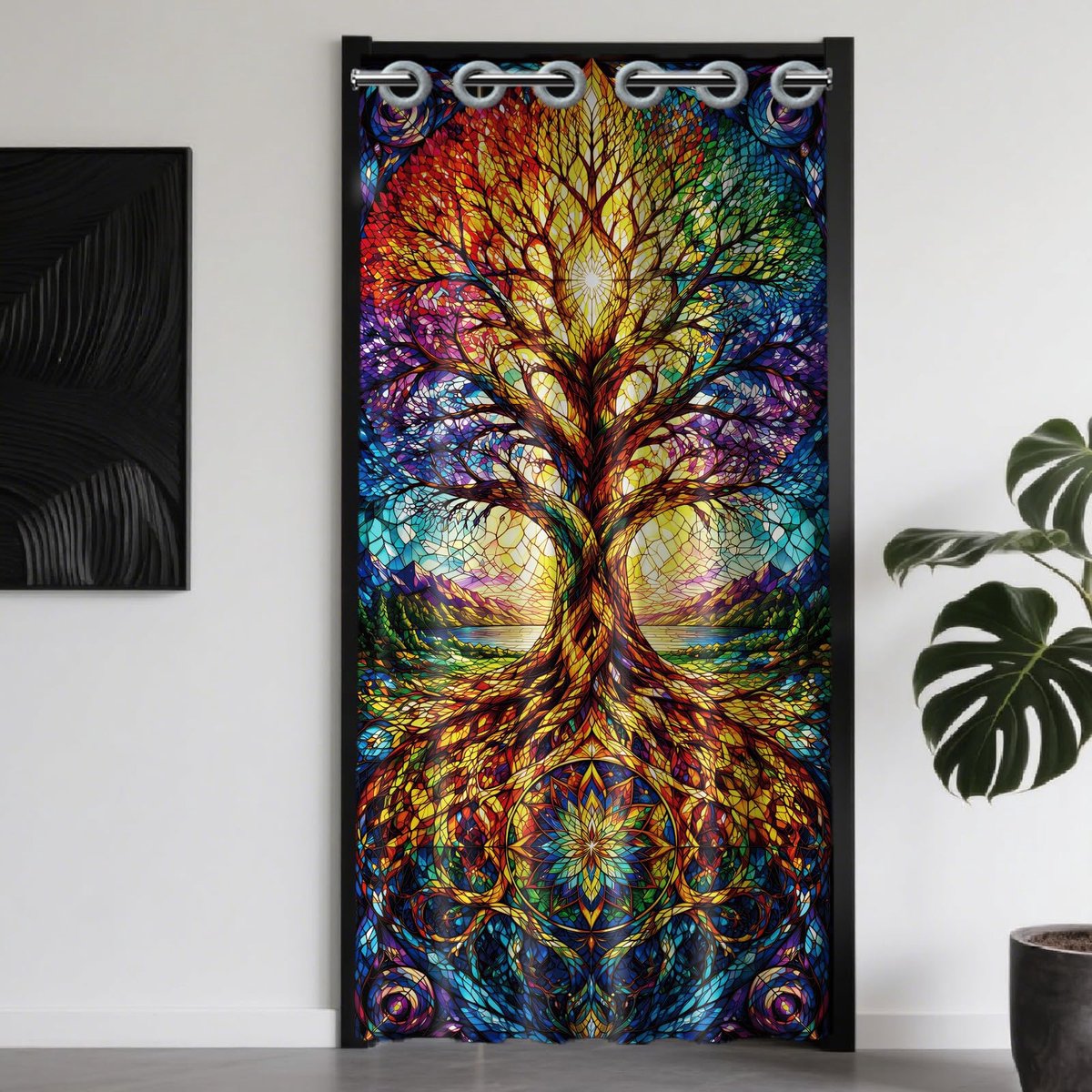 CONCHLERY Geschilderd glas stijl deurgordijn levensboom patroon deuropening gordijn vouwkamer scheidingsgordijnen voor - ShopVlot