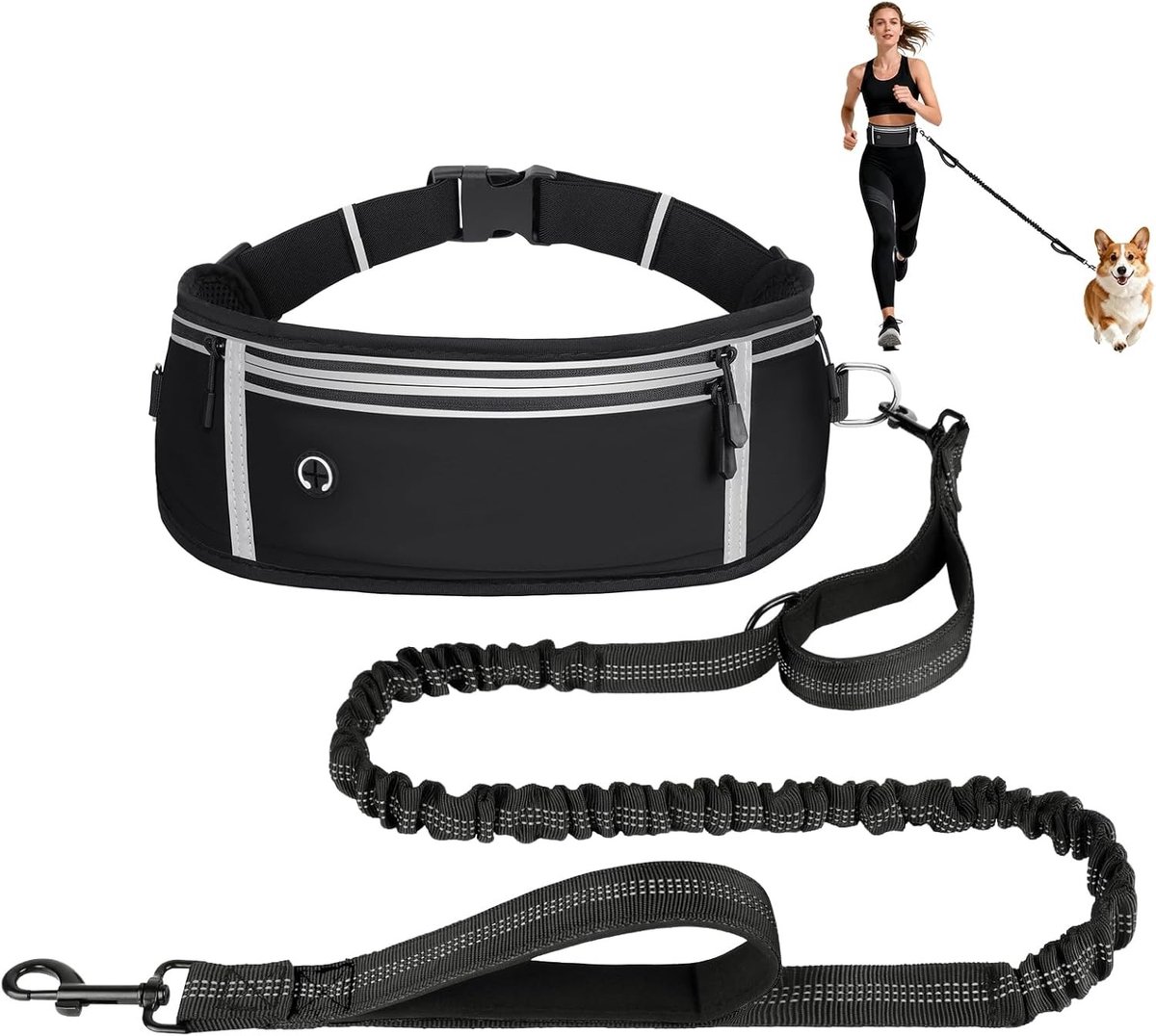 Handsfree Jogging Hondenriem met Heupband, Dubbele Handvatten en Leash Pocket voor Kleine en Middelgrote Honden, Ideaal voor Actieve Eigenaren