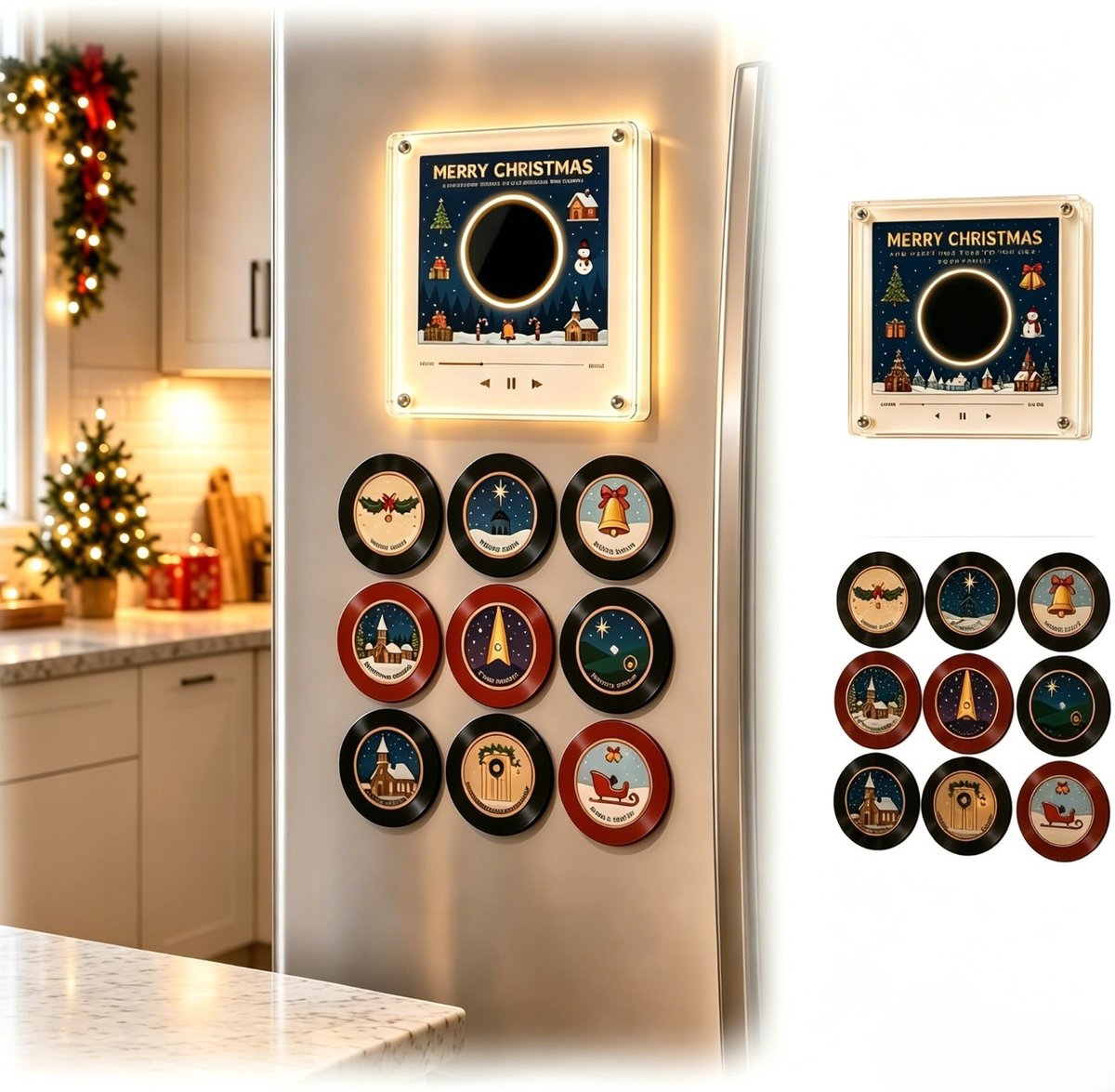 Kerst Koelkast Magneet Set - Magnetische Kerst Muziekdoos voor Koelkast - met 9 Ronde Kerstmagneten - USB-C Oplaadbaar - Cadeau - Feestelijke Kerstdecoratie voor Keuken