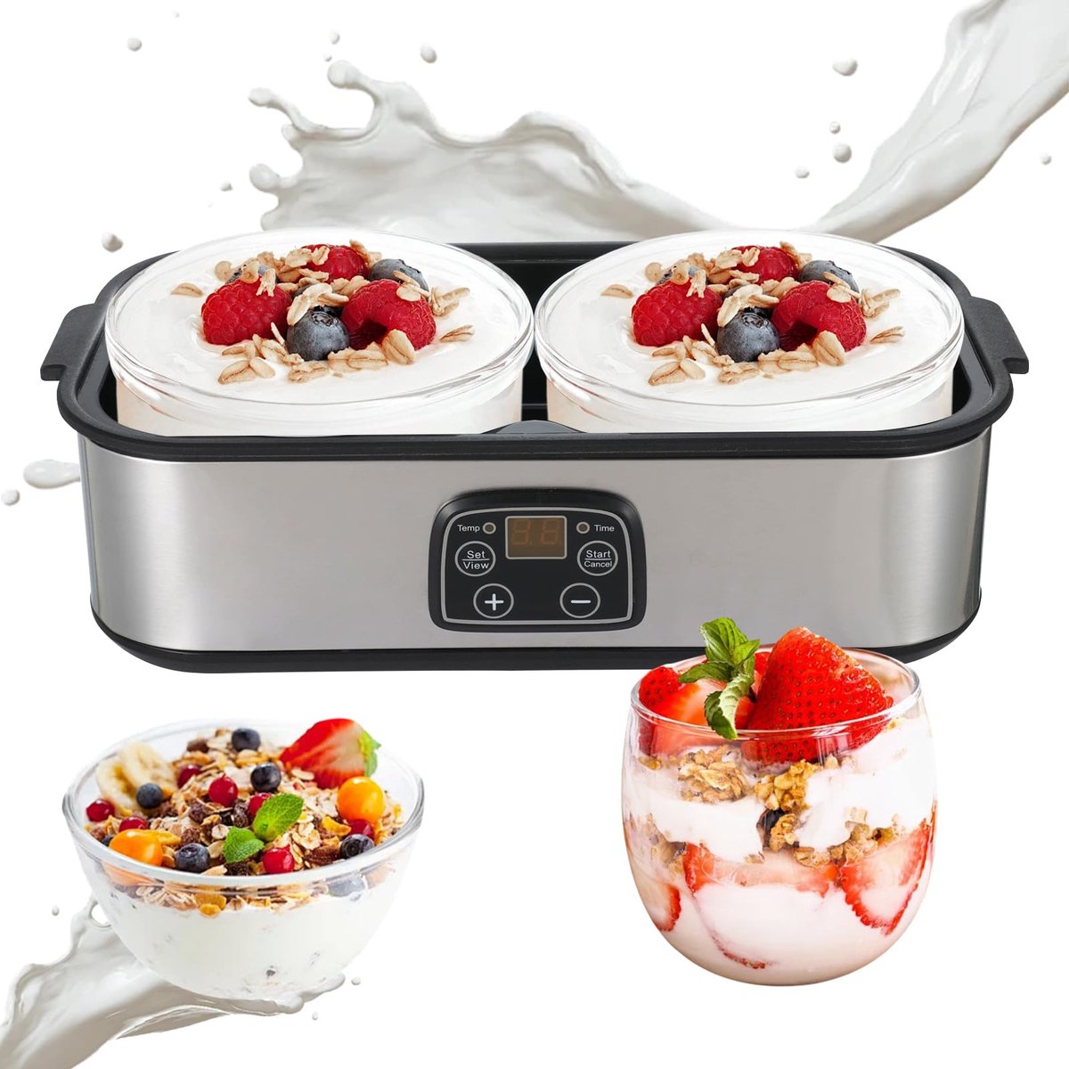 Yoghurtmaker stil met timer en temperatuurregeling, yoghurtmachine voor Griekse yoghurt en fermentatie, 2L capaciteit, glazen potten