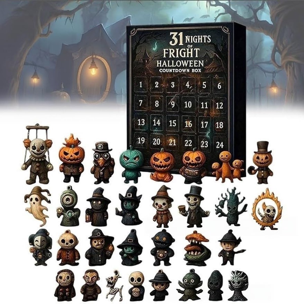 Halloween Aftelkalender 2026 - 31-delige Mini Horror Figuurtjes - 31 Dagen Spanning en Verrassing - Blind Doosjes met Spook, Pompoen en Heks - Decoratie voor Thuis en Bureaublad - Verzamelbaar - Stimuleert Dagelijkse Verwachting - Eenvoudig te Openen
