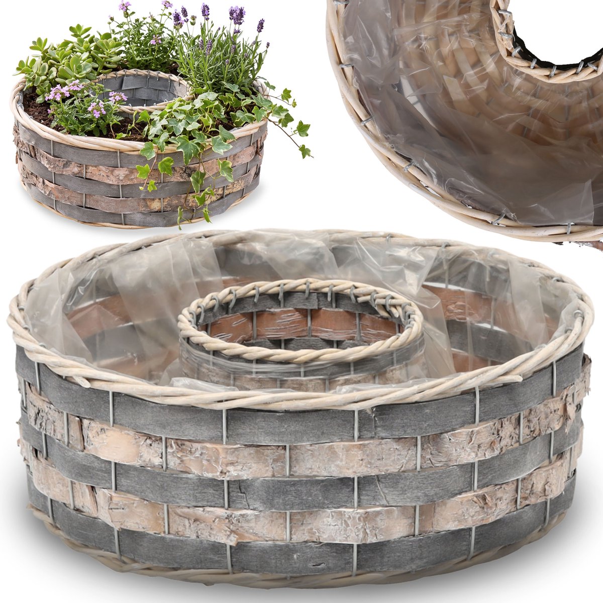 Grijze WILGEN bloempot, ronde BLOEMPOT voor planten met FOLIE, GROTE rand 35x12 cm