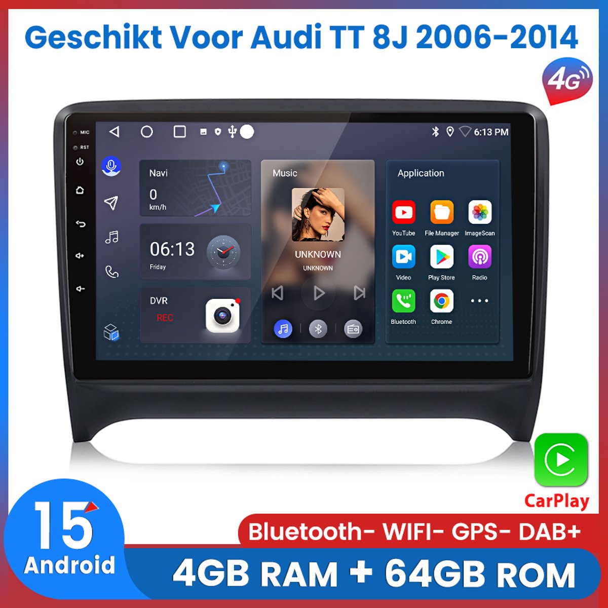 Awesafe 8-Core V1PRO 4+64GB Autoradio - Geschikt Voor Audi TT 8J 2006 t/m 2014 - Draadloze Carplay Android Auto - Touchscreen - GPS Navigatie 4G WiFi - Bluetooth Radio - 2007 2008 2009 2010 2011 2012 2013