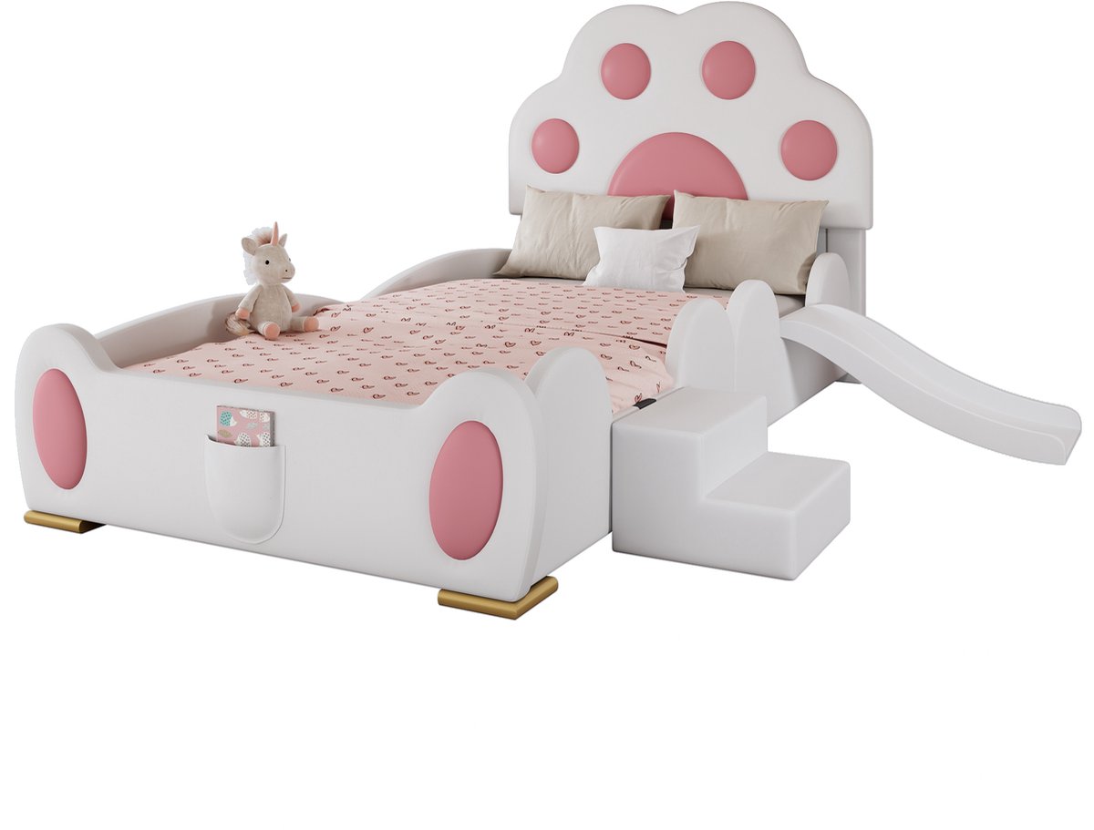 MUVANO Gestoffeerd eenpersoonsbed - Kinderbed met glijbaan 90x200 - Kattenpoot design - 90x200 cm - Met glijbaan en ladder - Kinderkamer Roze/Wit