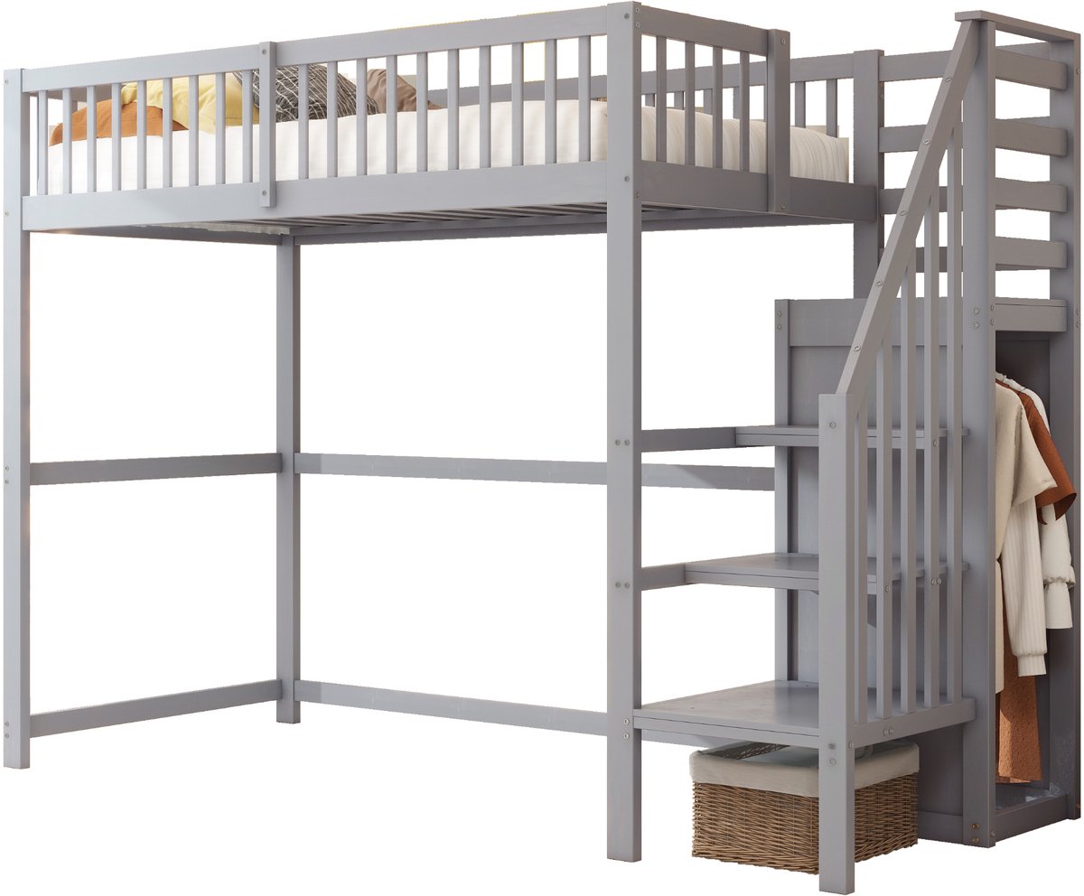 MUVANO Grijze Hoogslaper 90x200 - Houten Kinderbed Met Trap - Bed Met Kledingkast-Ruimtebesparend - 177,5cm- Met Opbergruimte- Voor Kinderkamer Grijs