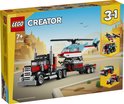 LEGO Creator 3in1 productdoos: vrachtwagen met helikopter, 7+ leeftijd, woestijnachtergrond.