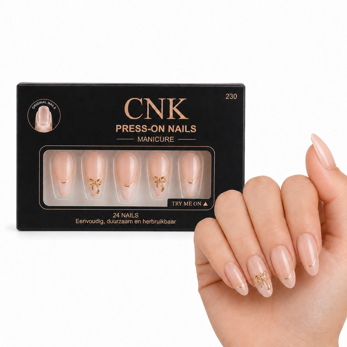 CNK 230 Press On Nails - Plaknagels - 24 Kunstnagels met Nagellijm, 24 Zelfklevende Plakstickers, Cleaner Wipe, Nagelvijl, Woodstick & Size Matcher - Nepnagels voor 7-14 Dagen - Herbruikbare Press-On Nagels - Starterspakket voor Manicure & Nail Art