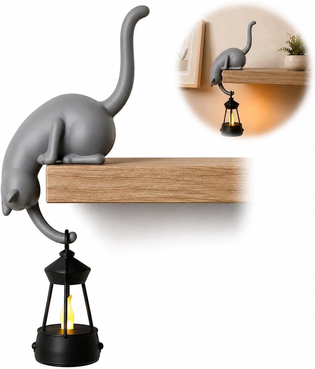 Katten Plankhaak met LED Lantaarn - Boekenplanklamp - Nachtlampje Decoratief - Bureauhaken - Tafeldecoratie - multifunctionele haak voor Boekenplank, Wandplank en Kast - Cadeau voor Kattenliefhebbers - Grijs