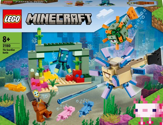 LEGO® Minecraft® De Bewakersstrijd 21180 bouwset; coole speelset vol onderwateravonturen; speelgoed met een duiker, oplichtende inktvis, bewakers en axolotls; geweldig cadeau voor Minecraft spelers en kinderen vanaf 8 jaar (255 onderdelen)