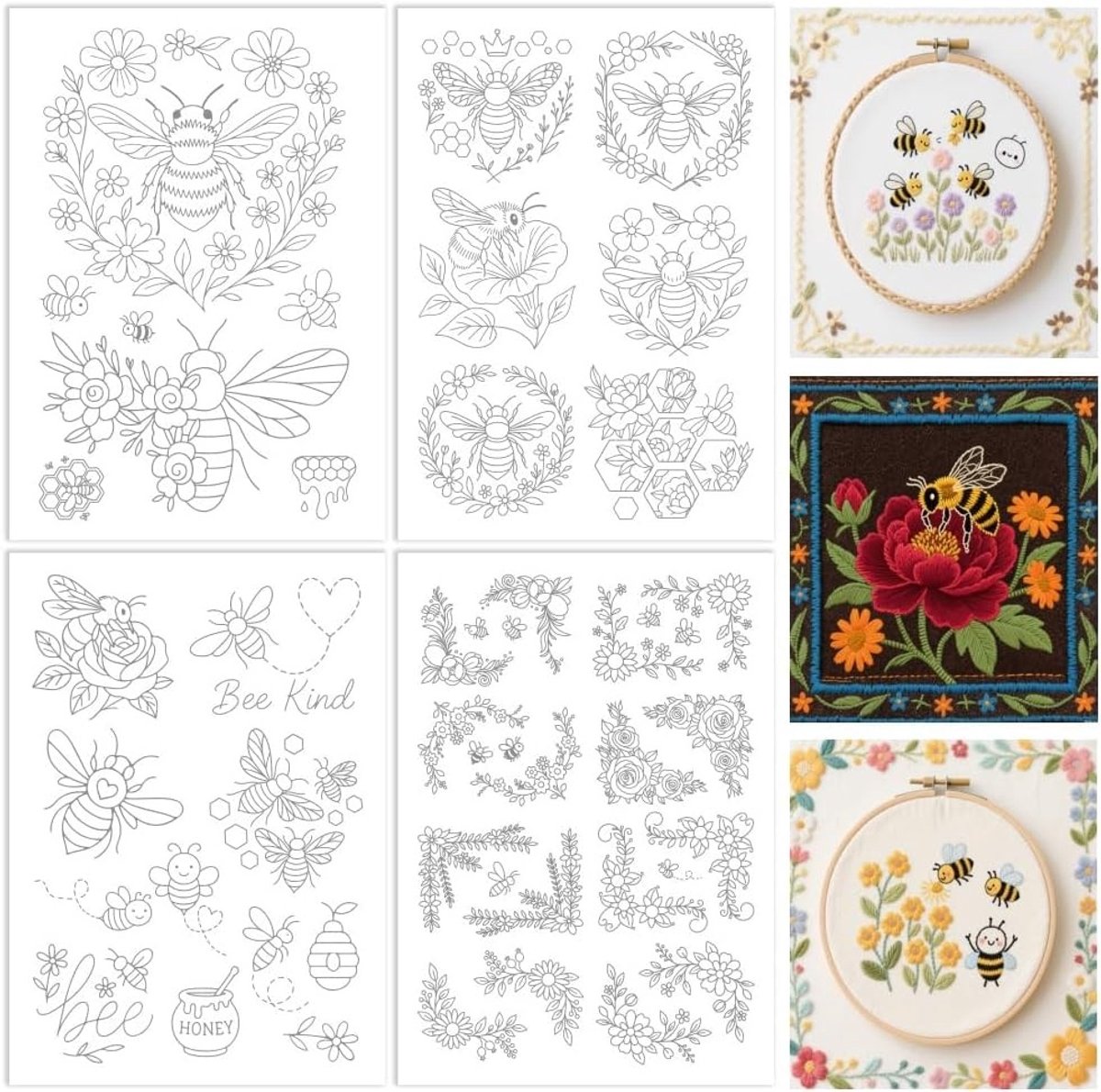 4 Stukken Wateroplosbare Borduurpatronen Stabilizers - Vooraf Geprinte Bijen en Bloemen Ontwerpen - Stick en Stitch Borduurpapier voor Beginners en Creatieve Projecten