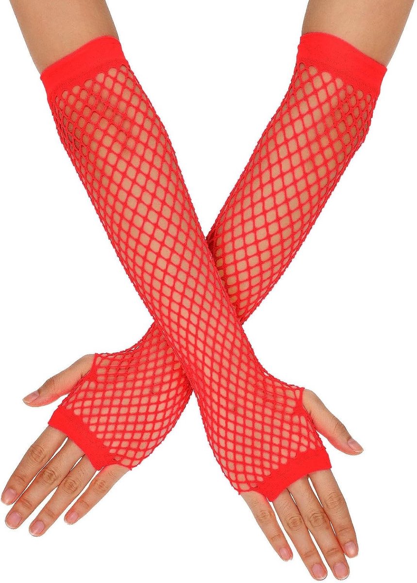 Elegante Fluorescerende Rode Vingerloze Net Handschoenen voor 80s Themafeesten, Halloween en Cosplay Accessoires
