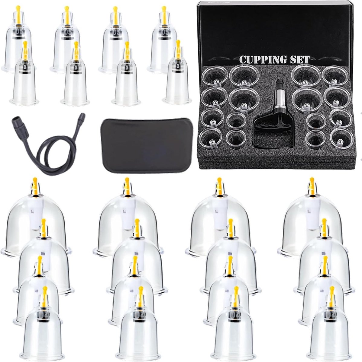 Cupping Set van 32 Stuks met Vacuum Pomp voor Gezicht en Lichaam, Inclusief Acupressuurpunten en Opbergdoos voor Ontspanning van Spieren en Verbetering van Bloedcirculatie