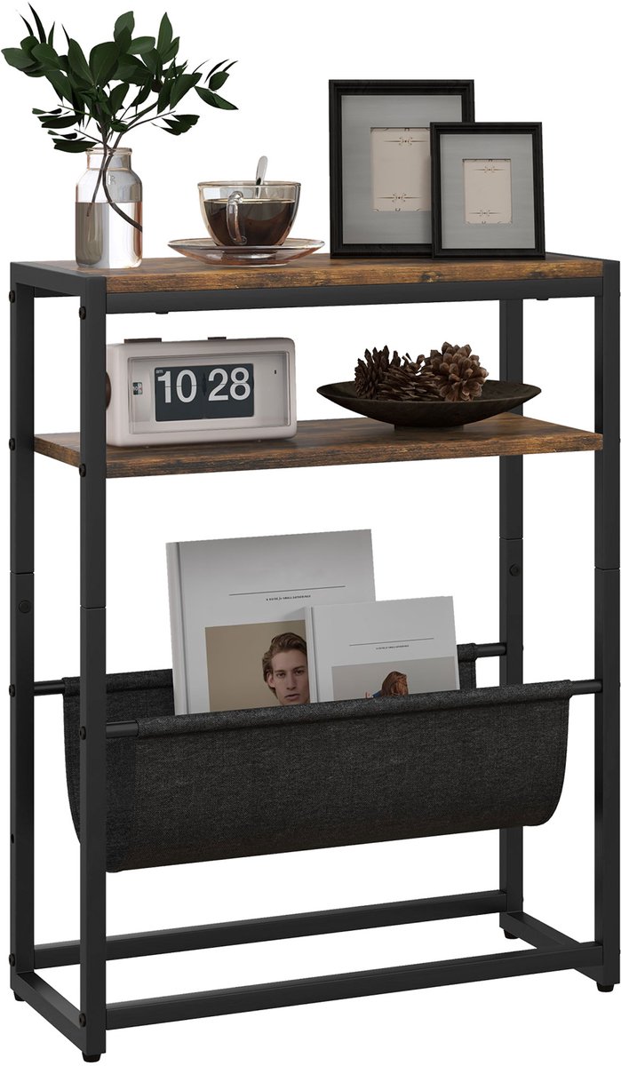 Homcom Bijzettafel met 3 Niveaus en Stoffen Vak - Banktafel - Opbergtafel - Industrieel - Bruin met Zwart rustiek bruin, zwart