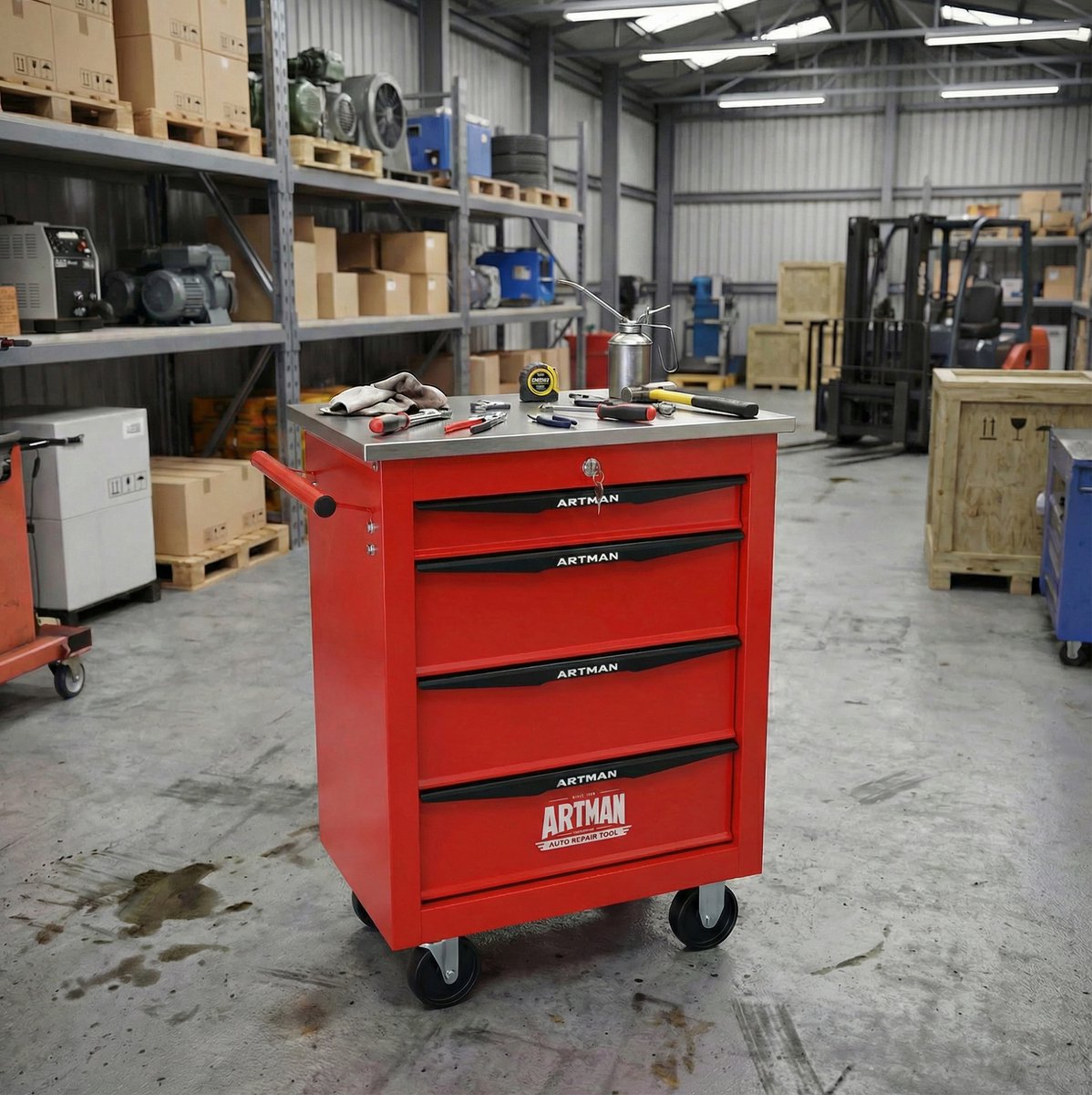 MODFU - Gereedschapswagen - 4 Lades - Met Wielen - Met Handgreep - Stalen Werkblad - Rood