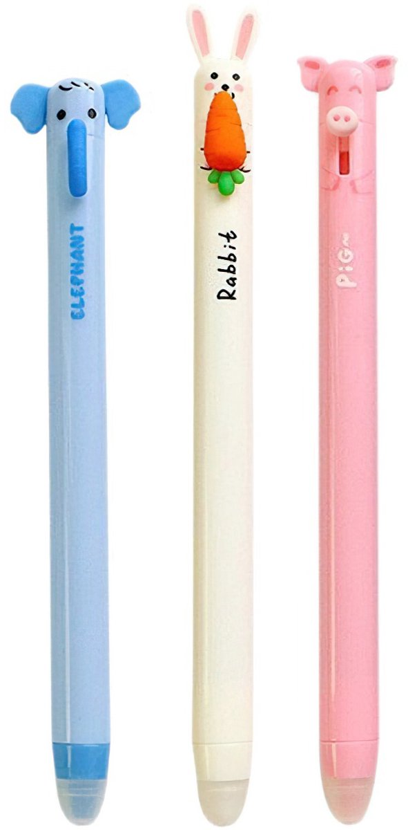 Ainy Kawaii dieren uitwisbare pen set | 3 uitgumbare pennen voor etui , pennenzak of pennenbak | Blauw Inkt | Olifant, Konijn en Biggetje design | Uitgumbare gelpennen schrijfwarenset voor kinderen en volwassenen
