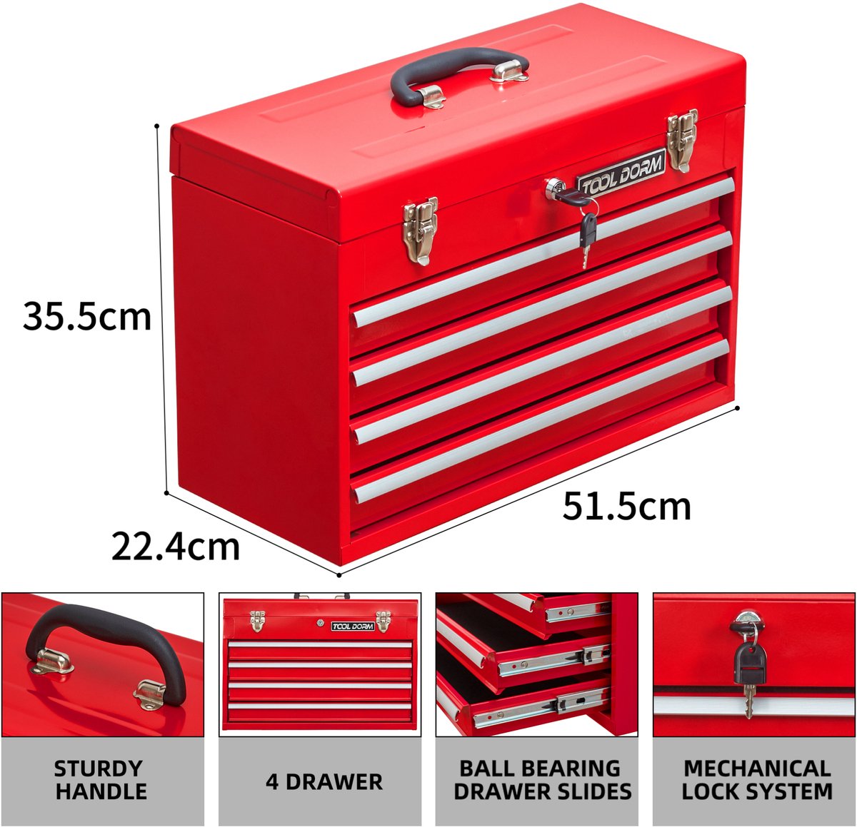 MODFU - Metalen Gereedschapskoffer - 4 Lades - Rood - 51,5 Cm