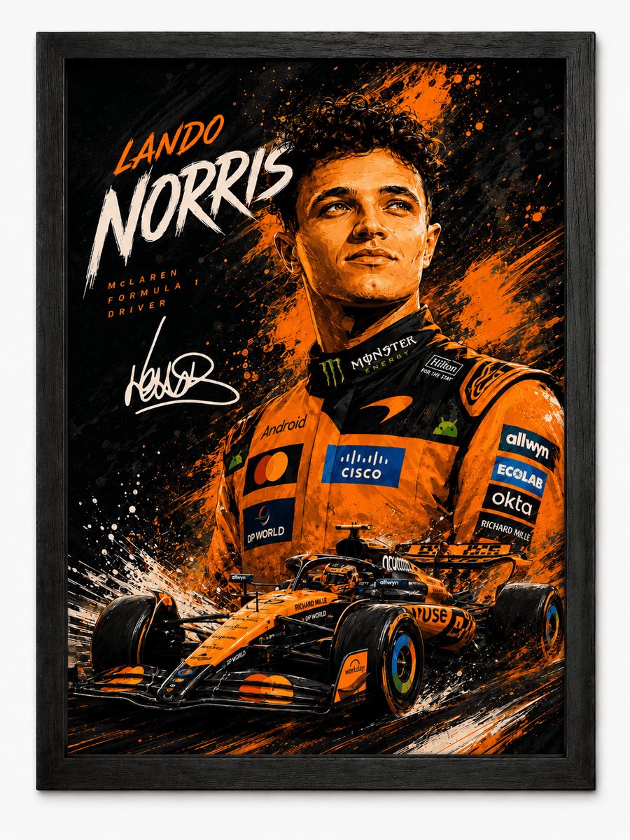 Lando Norris McLaren Poster | Formule 1 Art Style | Inclusief Zwarte A3 Lijst
