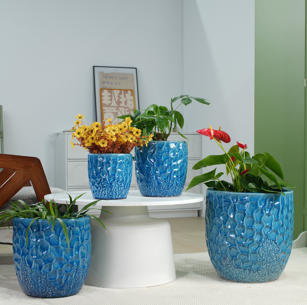 Bloempot Glanzende Keramiek Ø22,5 cm Met Hamerslagreliëf En Afwateringsgat Blauw Rond Voor Vetplanten En Kamerplanten