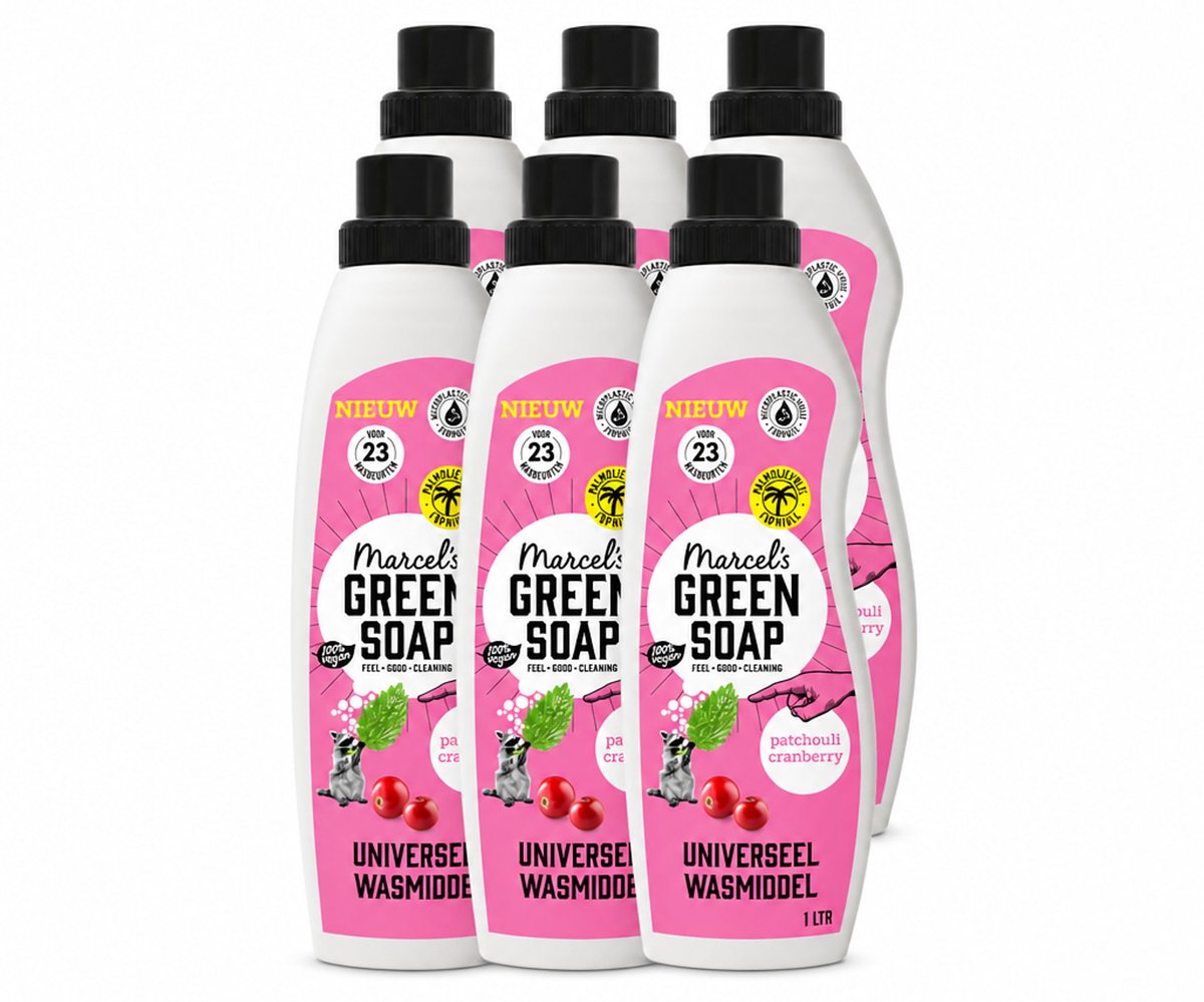 6 x Marcel's Green Soap - Vloeibaar Wasmiddel - Patchouli & Cranberry - Effectief & natuurlijk - 23 Wasbeurten - 1 liter - Voordeelverpakking - 6 stuks