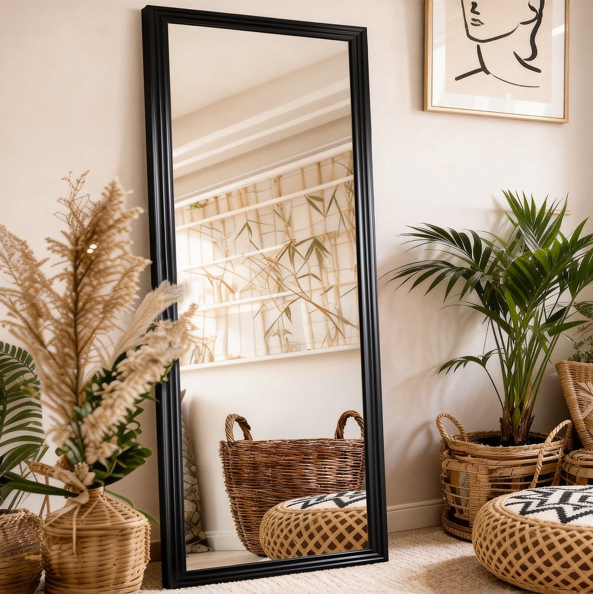 Staande Spiegel Met Zwarte Houten Lijst 160 X 50 Cm Met Verstelbare Metalen Voet Rechthoekig Voor Woonkamer Salon En Fitnessruimtes