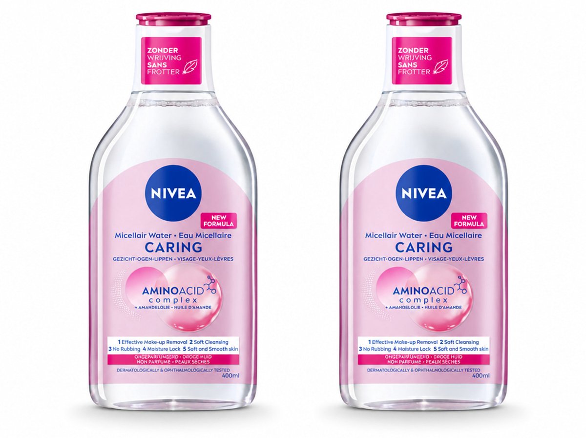 2 x NIVEA - Micellair Water - Essentials Verzachtend & Verzorgend - Voor droge huid - Met Amandelolie & Aminozuren - 400 ml - Bulkverpakking - 2 stuks