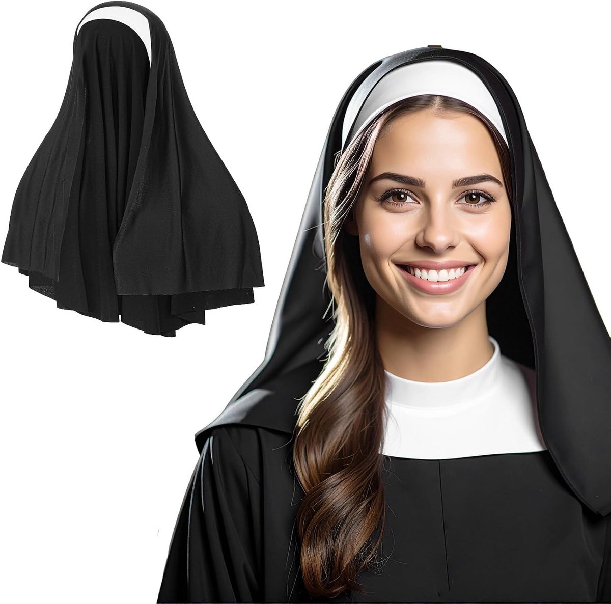 Elegante nonnenmuts voor Halloween, stijlvolle hoofdbedekking en kostuumaccessoires voor dames, perfect voor cosplay en themafeesten (zwart en wit)